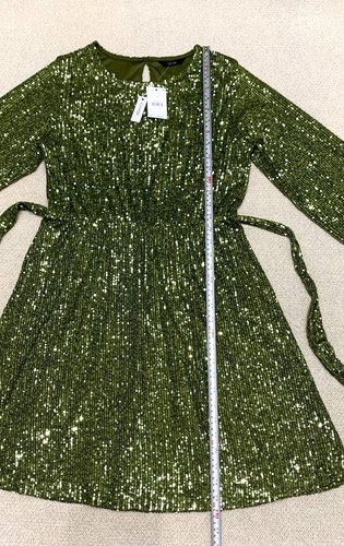 New Women’s George Green Sequin Long Sleeve Belted Mini Party Dress Size 12 - Picture 8 of 11