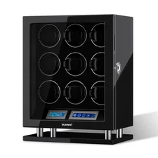 Fingerprint Unlock Automatic 9 Watch Winder LCD Watch Display Box Case LED Light