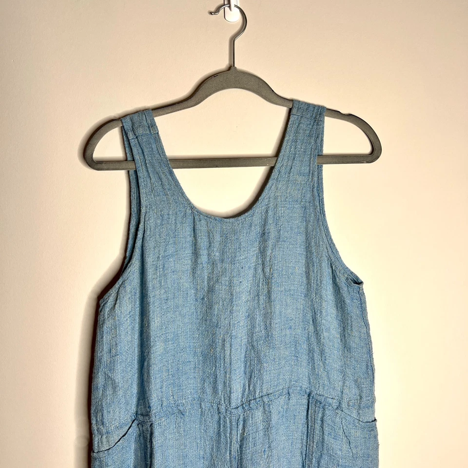 Flax 100% Linen Blue Chambray Oversized Jumpsuit Large Front Pockets Boho Sz S - Image 2 of 4
