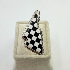 Lightning Bolt Onyx Checkered 925 Solid Silver Ring Thunder Bolt Opal Jewelry