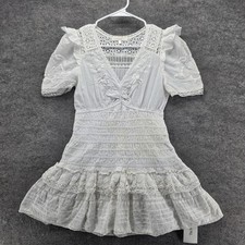 LoveShackFancy Dress Womens PS White Eyelet Lace Smocked Puff Sleeve Mini Boho