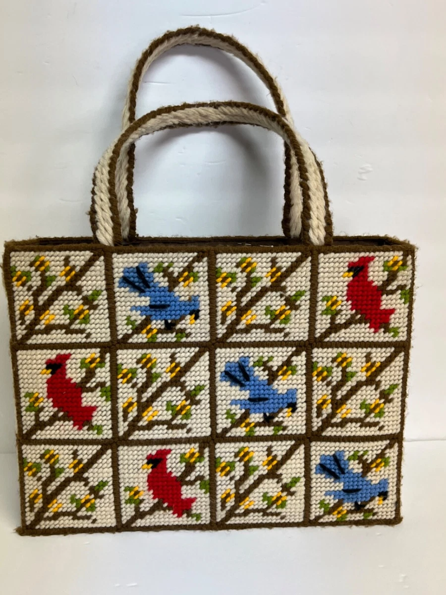 Vintage Needlepoint Purse Tote Bag Plastic Canvas Yarn Cardinals Blue  Jays