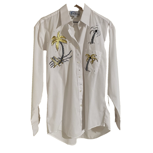 LAS OLAS VINTAGE Long Sleeve Button Up Sequins and Palm Trees Women's Medium
