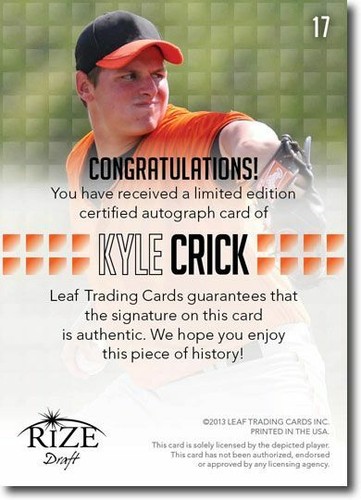 KYLE CRICK 2013 Rize Rookie Autograph PURPLE Auto RC #/5 - Picture 2 of 2