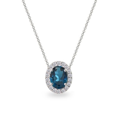 Ovaler Heiligenschein London Blautopas & CZ Plättchen Anhänger Halskette in Sterlingsilber