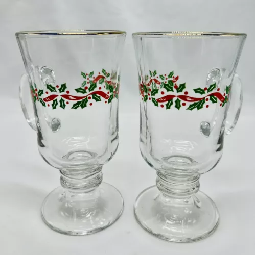Christmas Libbey Holly Berries & Ribbon Irish Coffee Mug Glasses Lot 2 Vintage