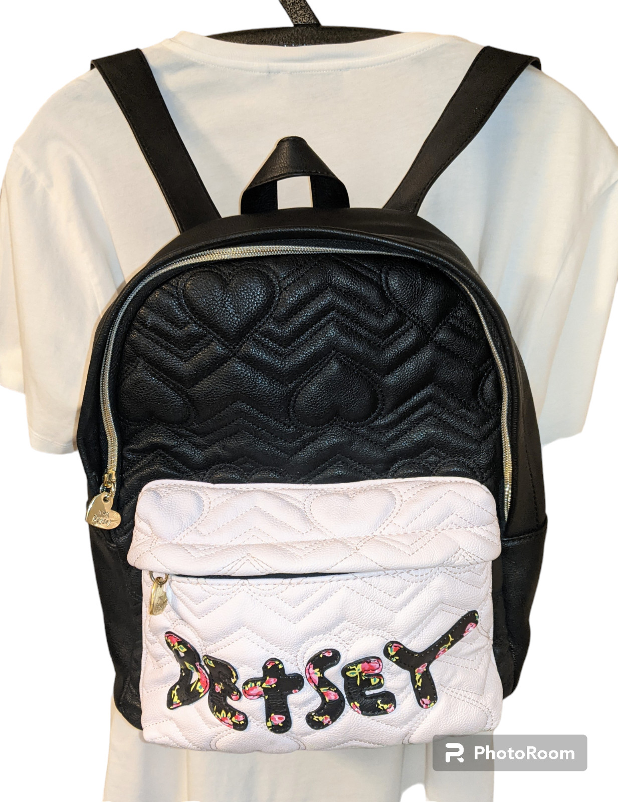 BETSEY JOHNSON Backpack Floral Logo Quilted Hearts Bl… Gem