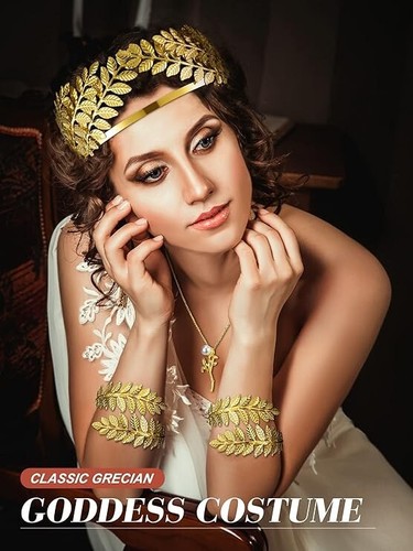 9 Piezas Diosa Griega Disfraz Accesorios Toga Cinturón Hojas Corona Pulsera Headpie - Imagen 3 de 5