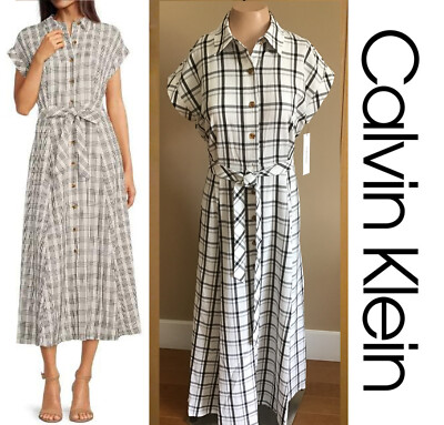 NWT CALVIN KLEIN Gauze Windowpane Midi Shirtdress Belted