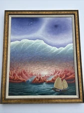 PSYCHEDELIC PAINTING 1970'S ABSTRACT SURREALISM LANDSCAPE BOAT CLIFF FRANCISCO