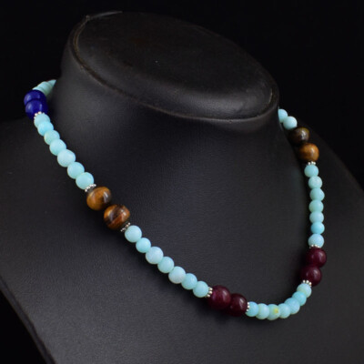 126 Cts Natural Blue Opal & Tiger Eye Round Shape Beaded Necklace JK 14E366