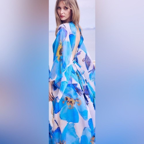 Maxi Vestido MISA XS Azul Calipso Amapola Transparente Espalda Abierta Manga Larga Nuevo con Etiquetas