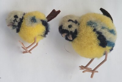 Two Vintage Steiff Yellow, Blue & White Wool Pom Pom Birds - Adult and Chick
