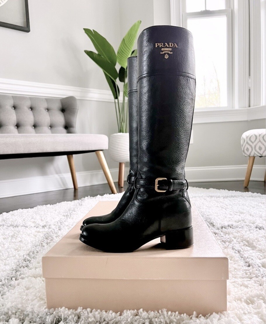 PRADA Cervo Logo Knee High Black Leather Riding Boots with PRADA Cervo Logo Knee High Black Leather Riding Boots with