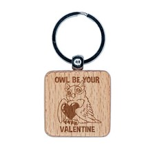 Owl I'll Be Your Valentine Love Engraved Wood Square Keychain Tag Charm