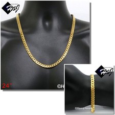 24"MEN Stainless Steel 8mm Gold Plated Miami Cuban Curb Necklace Bracelet GS155