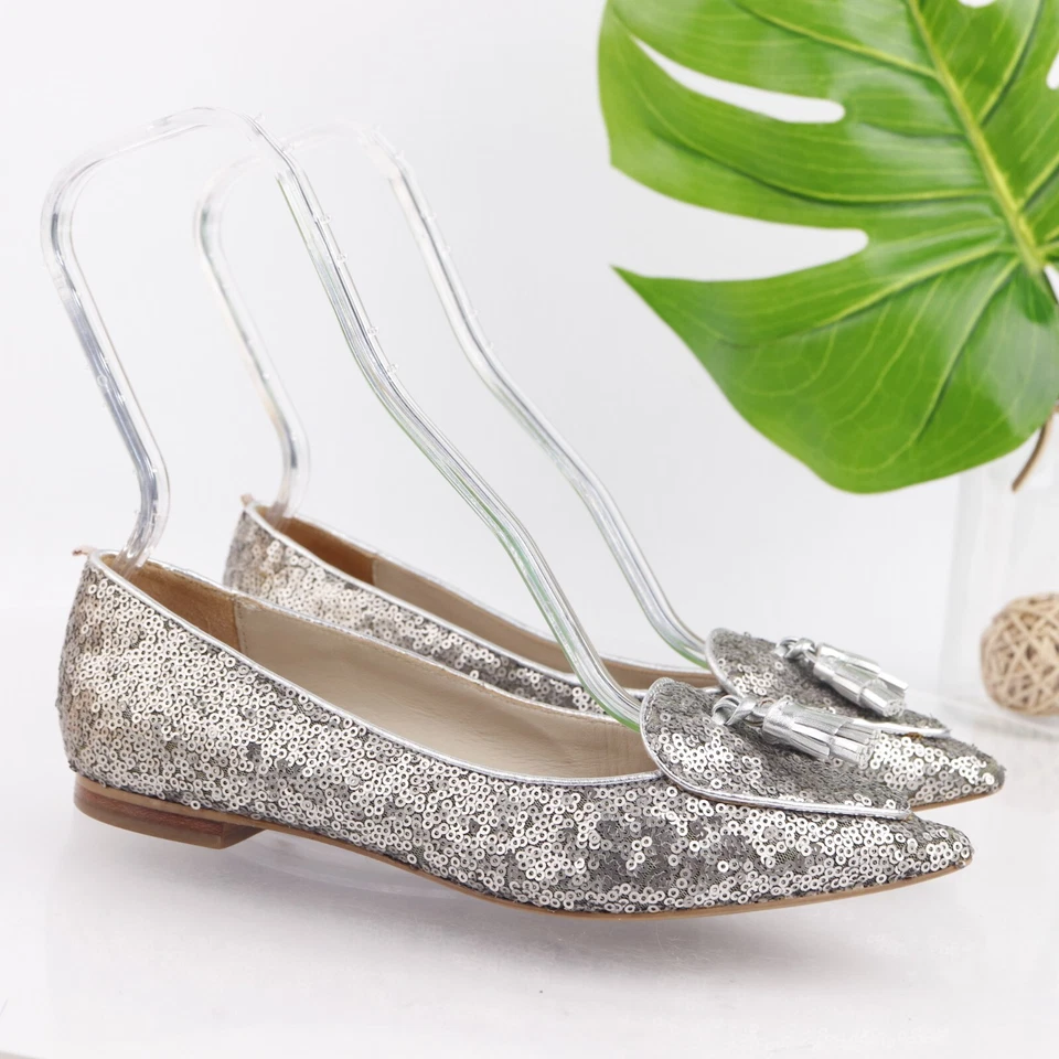 Boden Mujer Albertina Pisos Talla 37.5 6.5 Punta Plateado Metal Lentejuelas Borla Foto 3 de 4