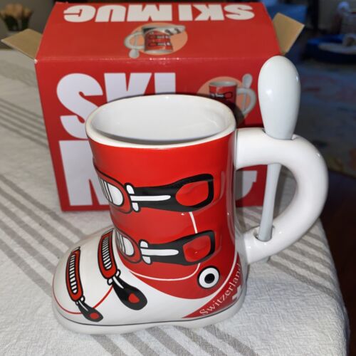 Switzerland 🇨🇭Swiss Winter Ski Boot Mug Porcelain Coffee Mug Box Spoon New NOB - 第 1/6 張圖片
