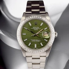 Rolex Date 34mm Ladies 1ct Green Motif Dial Steel Oyster Watch 15000