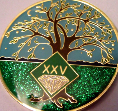 Narcotics Anonymous NA Tree Green 25 Year Medallion Gold Black