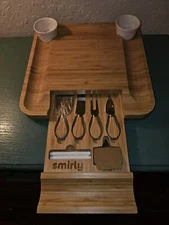 Smirly Bamboo Cheese Cutting Board W/Drawer & Accessories-New