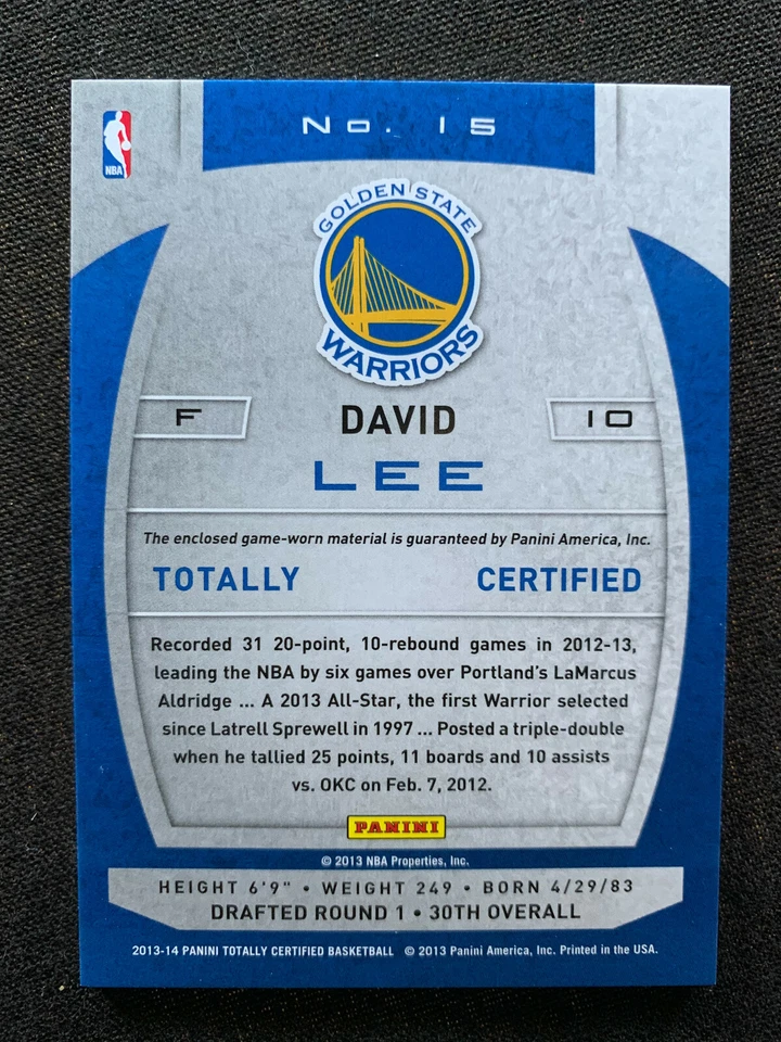 David Lee 2013-14 Totally Certified Silver Jersey Golden State Warriors - Image 2 of 2