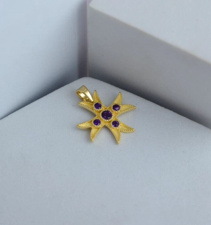 Solid 14k Yellow Gold Amethyst Gemstone MALTESE CROSS Pendant Charm Jewelry Gift - Image 2 of 4
