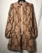 ANEWSTA Mini Dress M Gold Floral Embroidery Drop Waist Balloon Sleeve Tiered Hem