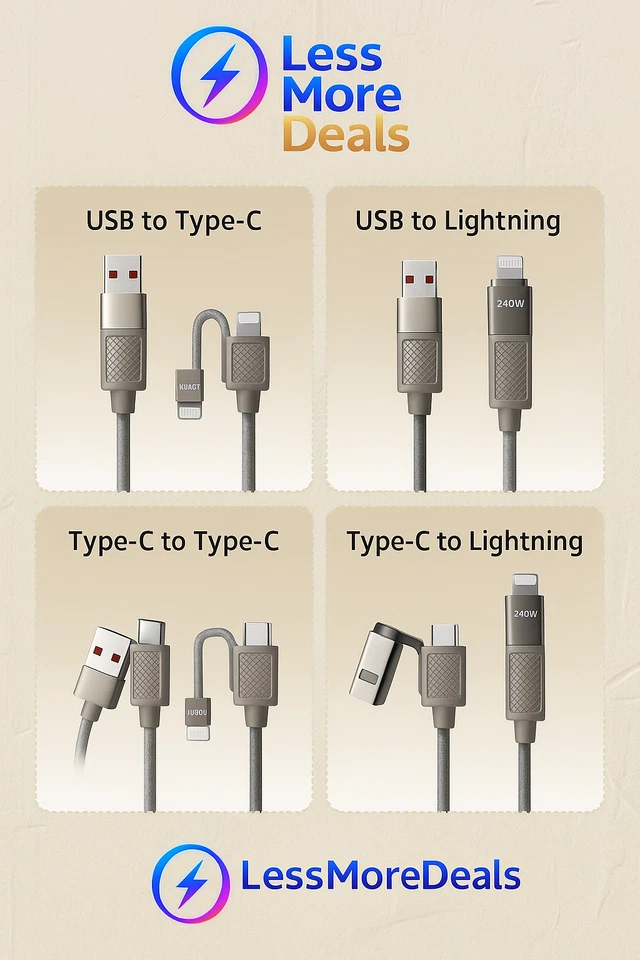 240W 4-in-1 Fast Charging Cable | USB-A + Type-C to Type-C + iPhone /Android - Image 2 of 4