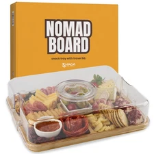 Charcuterie Board with Lid and Handle – Bamboo Travel Snack Tray with 5 Secti...