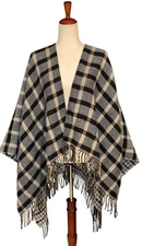 NWT Maje Sweater Wool Blend Plaid Print Pattern Fringe Open Front Cape Poncho