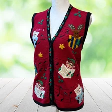 Vintage BOBBIE BROOKS Christmas Sweater Vest Womens S Carolers Embroidered 90s