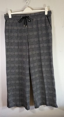 Next Grey Check Wide Leg Trousers UK 14 Regular String Waist Pockets Stretch