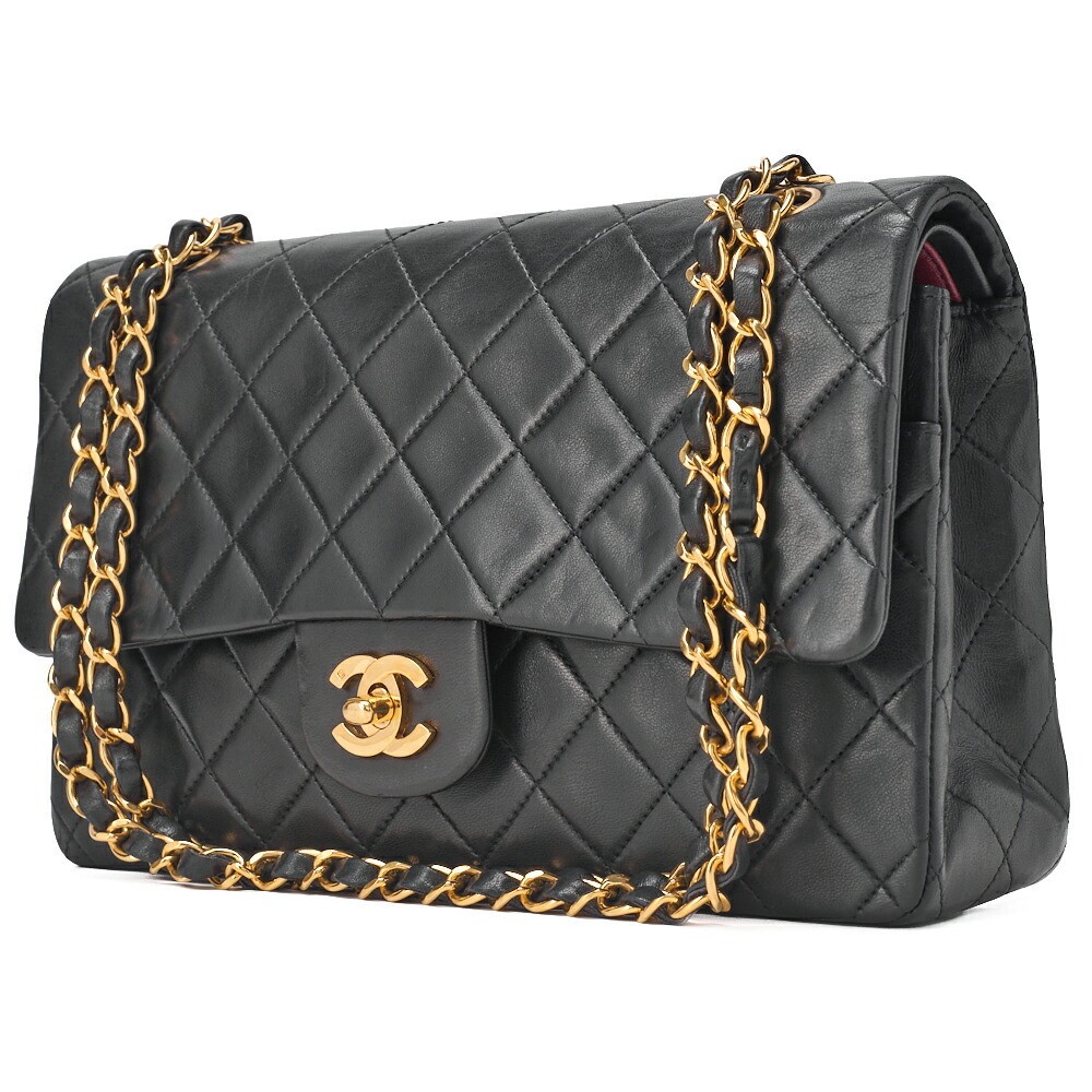 CHANEL Matelasse Double Flap 25cm Black Lambskin Shoulder Bag with Chain-image