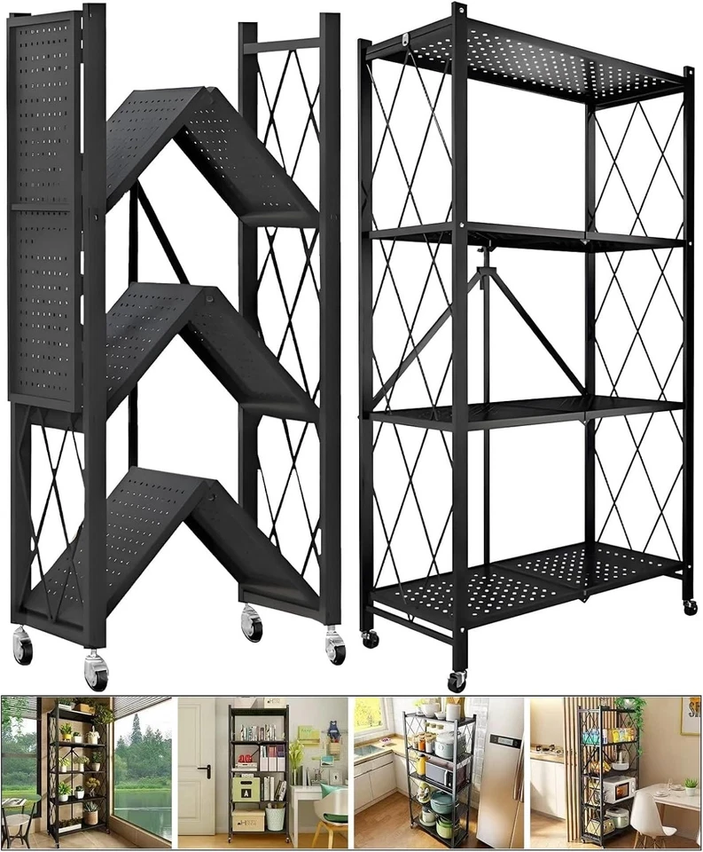 TEMZICK Folding Storage Shelves, 4 Tiers Metal Shelving Units for Microwave oven - Image 3 of 4