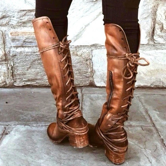 Botas Freebird by Steven COAL Hasta la Rodilla Marrón Artesanal Cuero Con Cordones Talla 8 Foto 2 de 4