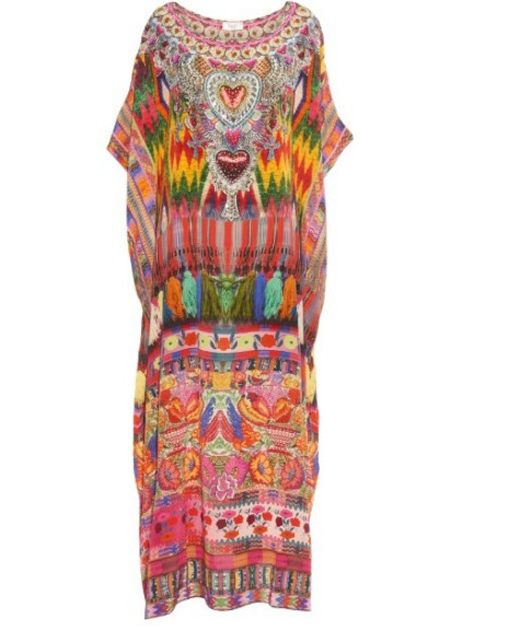 Camilla Silk Kaftan Dress One Size 'Tassel Me Chiapas' Multicolored Embellished