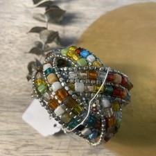 Boho Bohemian Multi Colored Bead 8.5  STRETCH STATEMENT CUFF BRACELET