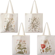 4 Pieces Floral Canvas Tote Bag for Women Flower Reusable Grocery Shopping Bag A