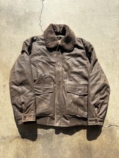 Men's Eddie Bauer Brown Leather Goose Down Fur Collar Flight Jacket A-2 Sz M