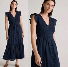 Quince Organic Textured Cotton Smocked V-Neck Midi Dress • Navy • XL • NWT