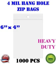 1000 - 6" x 4" Zip Seal Reclosable 4Mil Top Lock Bags Hang Hole Heavy Duty