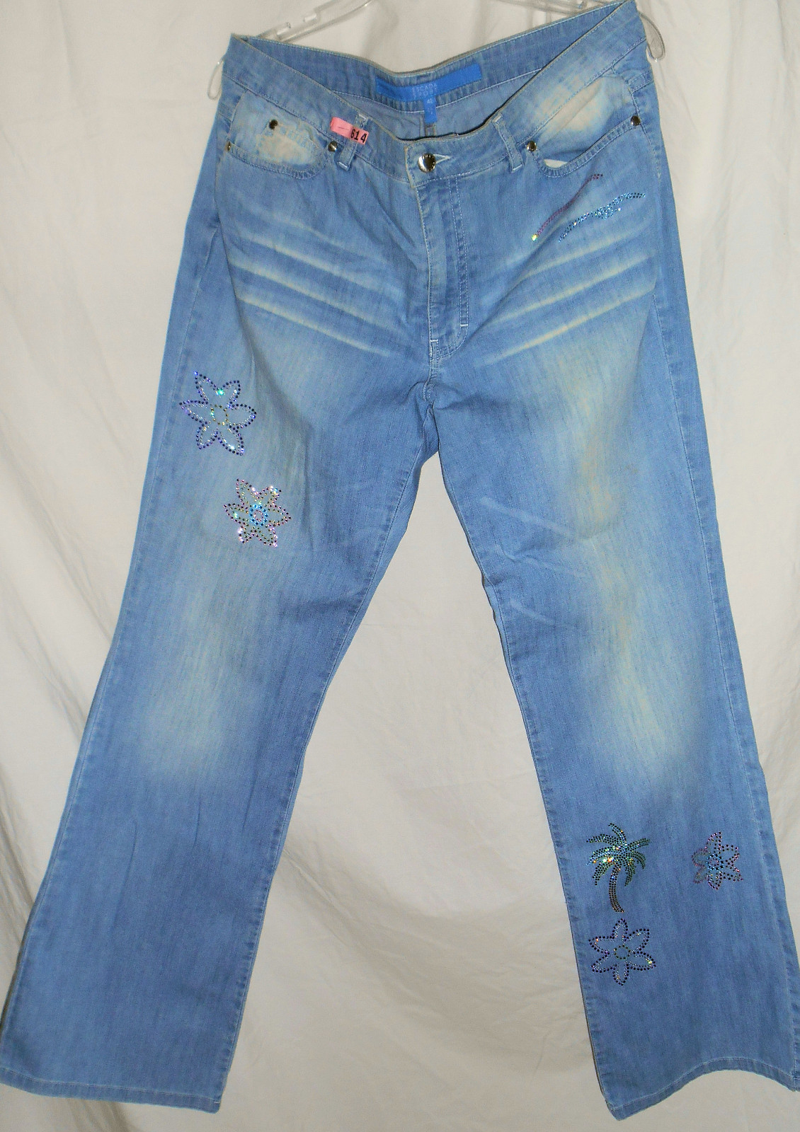 ESCADA SPORT Vintage Jeans 12 42 Blue Denim Pants Swarovski Bird Flowers Palm