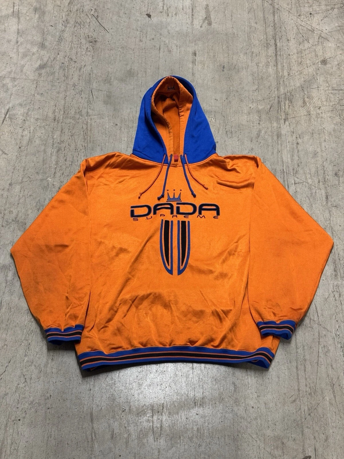 Sweat à capuche Dada Supreme orange bleu tricot double capuche vintage évasé taille XXL
