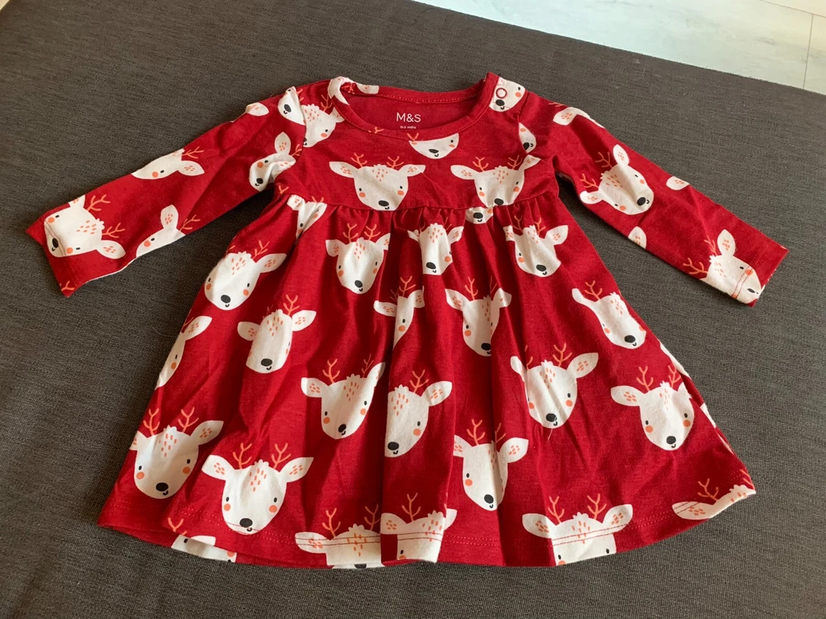 M S Christmas Reindeer Dress 100 Cotton 3 6m 69cm Red Mix BNWT eBay