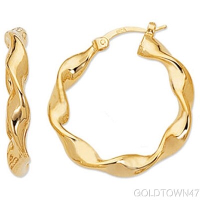 14K Gelbgold glänzende runde ausgefallene gedrehte Creolen