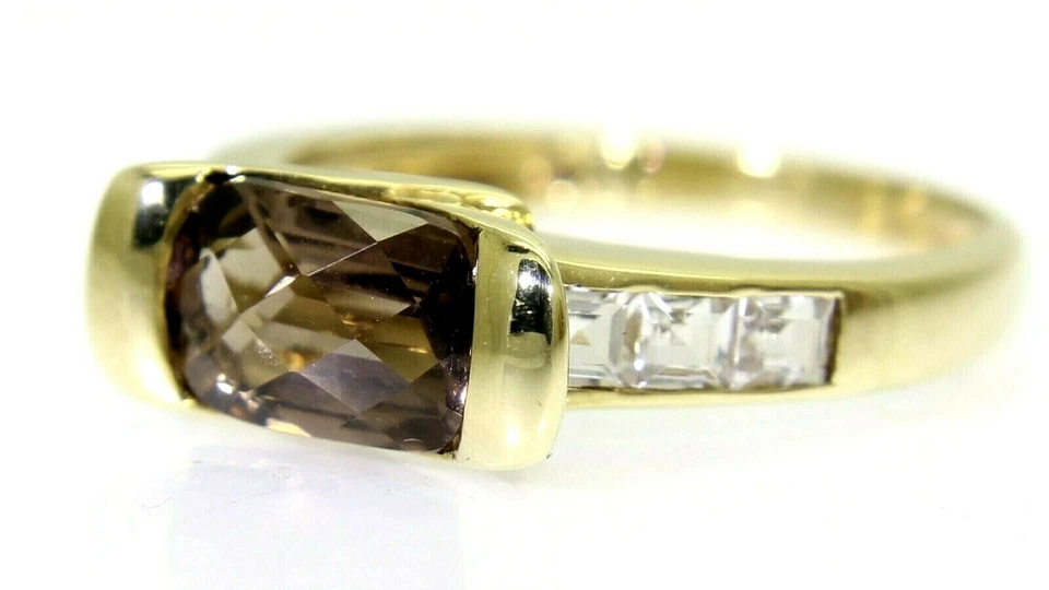 Anillo de oro amarillo de 9 quilates de cuarzo ahumado y circón corte a cuadros N ~ 6 3/4 Foto 2 de 4