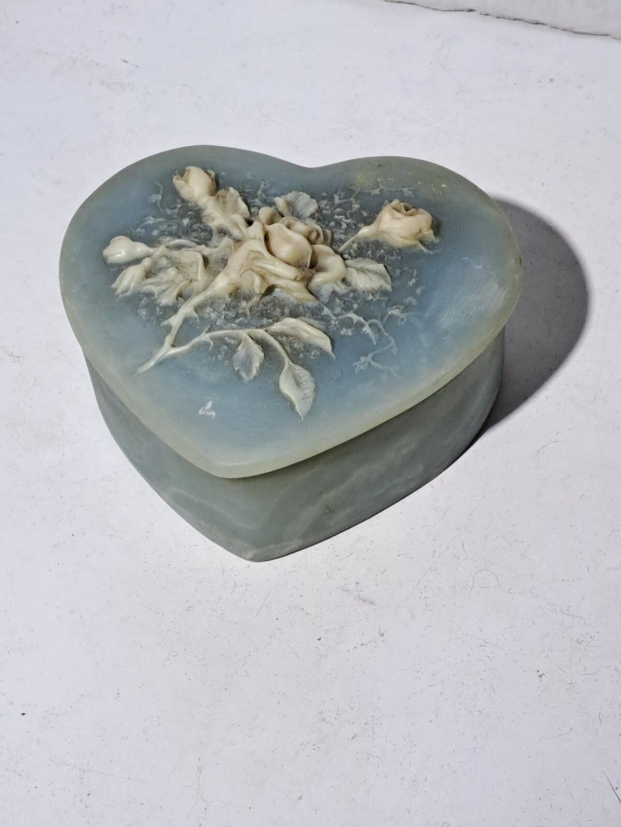 VINTAGE INCOLAY STONE HEART ROSE BLUE TRINKET JEWERY BOX | eBay
