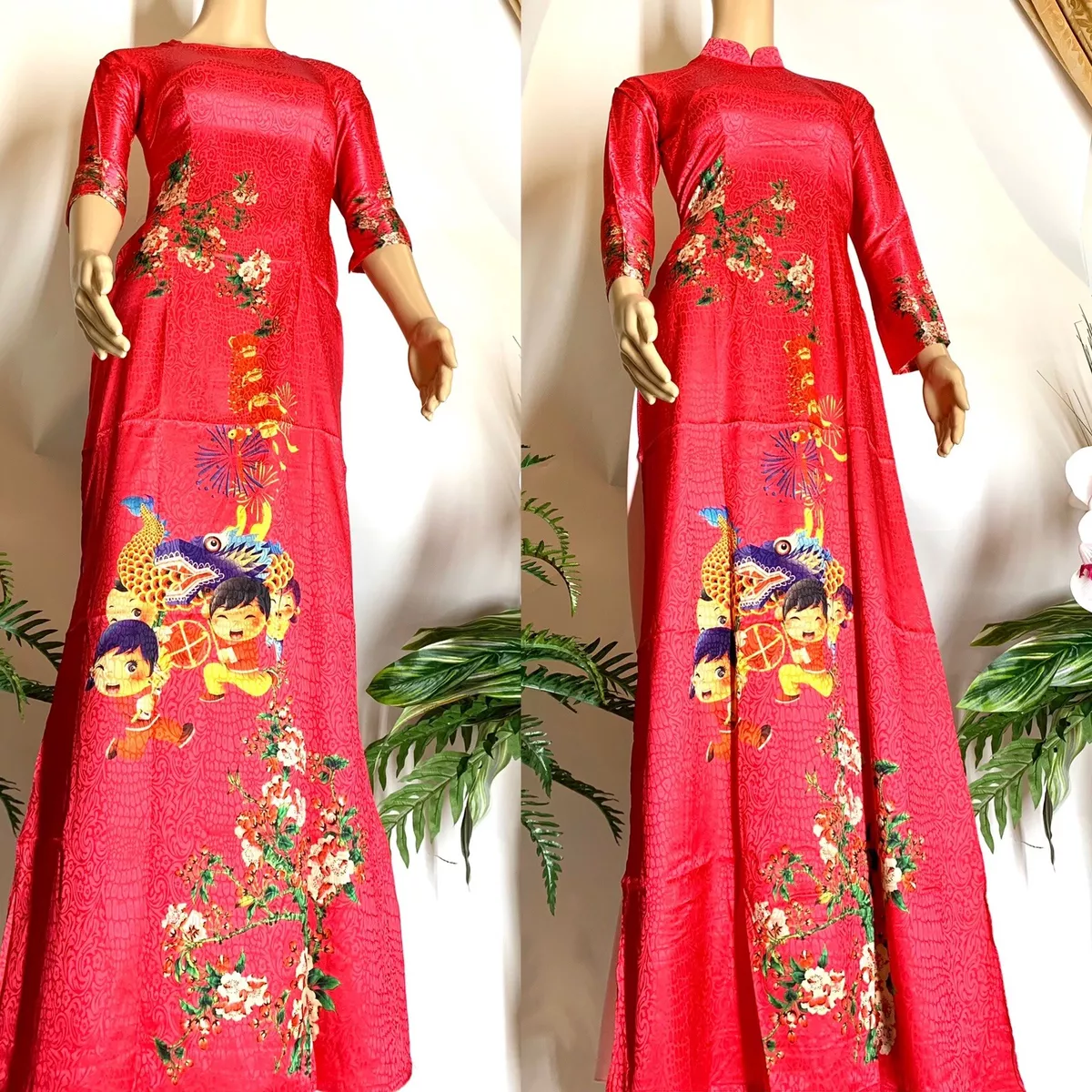 Vietnamese Tet Ao Dai Dong Hung Silk Long Dress With Pants - Free Fast  Shipping