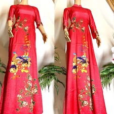Vietnamese Tet Ao Dai Dong Hung Silk Long Dress With Pants - Free Fast Shipping